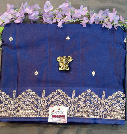 Dark Blue Mushroo Silk Saree with Zari Border