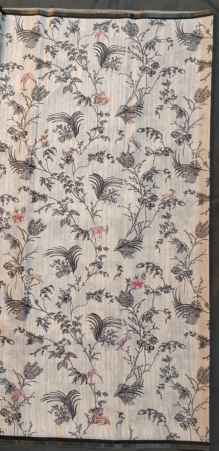 Cream & Black Munga Silk Saree with Kalamkari