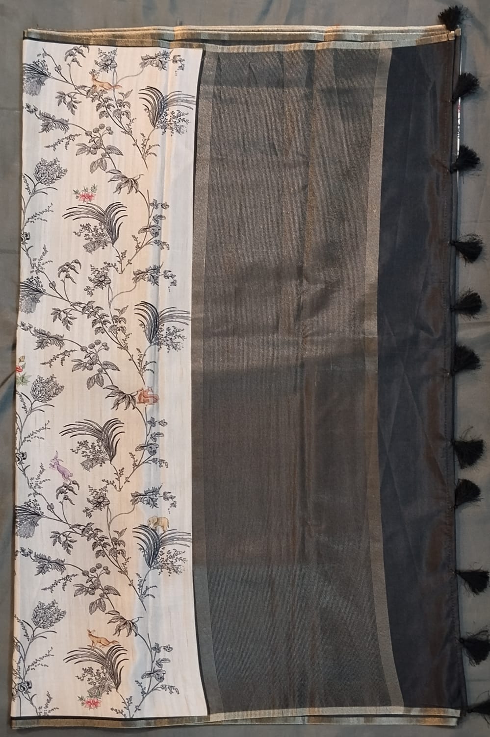 Cream & Black Munga Silk Saree with Kalamkari