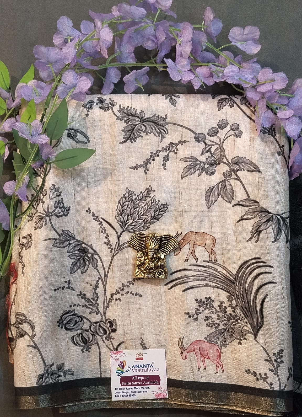 Cream & Black Munga Silk Saree with Kalamkari