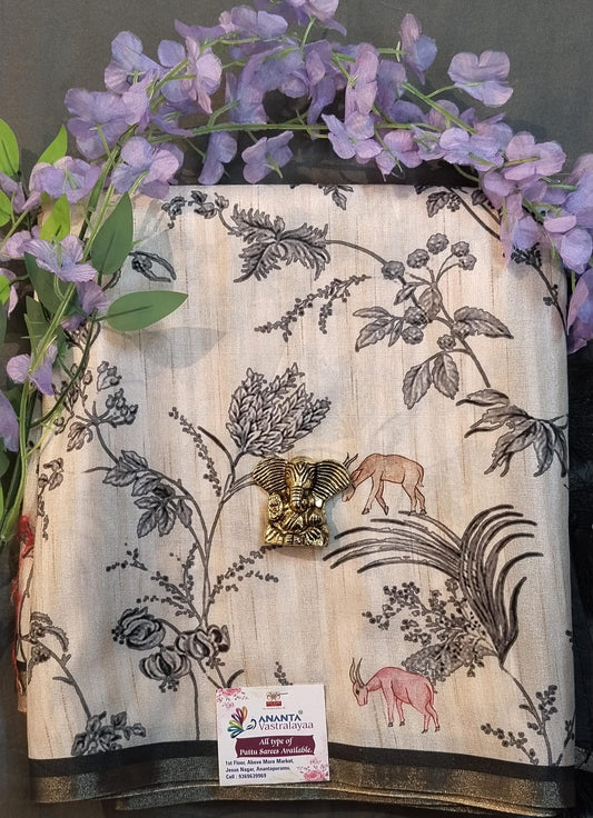Cream & Black Munga Silk Saree with Kalamkari