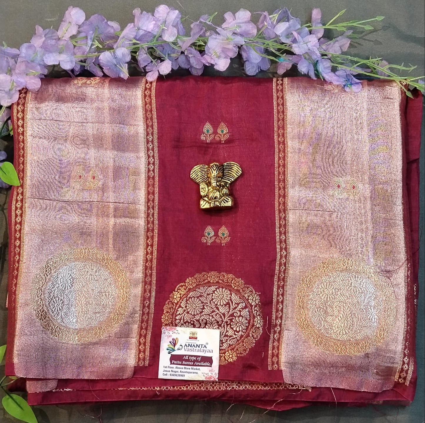 Maroon Raw Silk & Tissue Saree with Zari Buttas