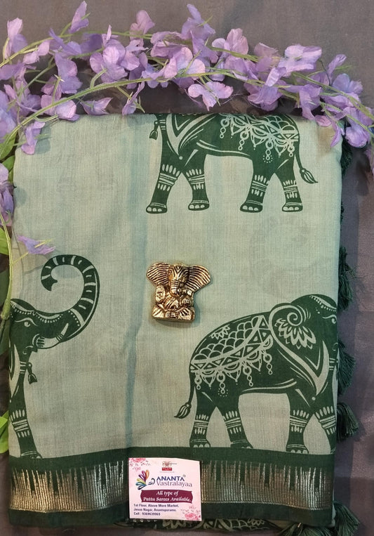 Pastel Green Mul Mul Silk Saree with Kalamkari