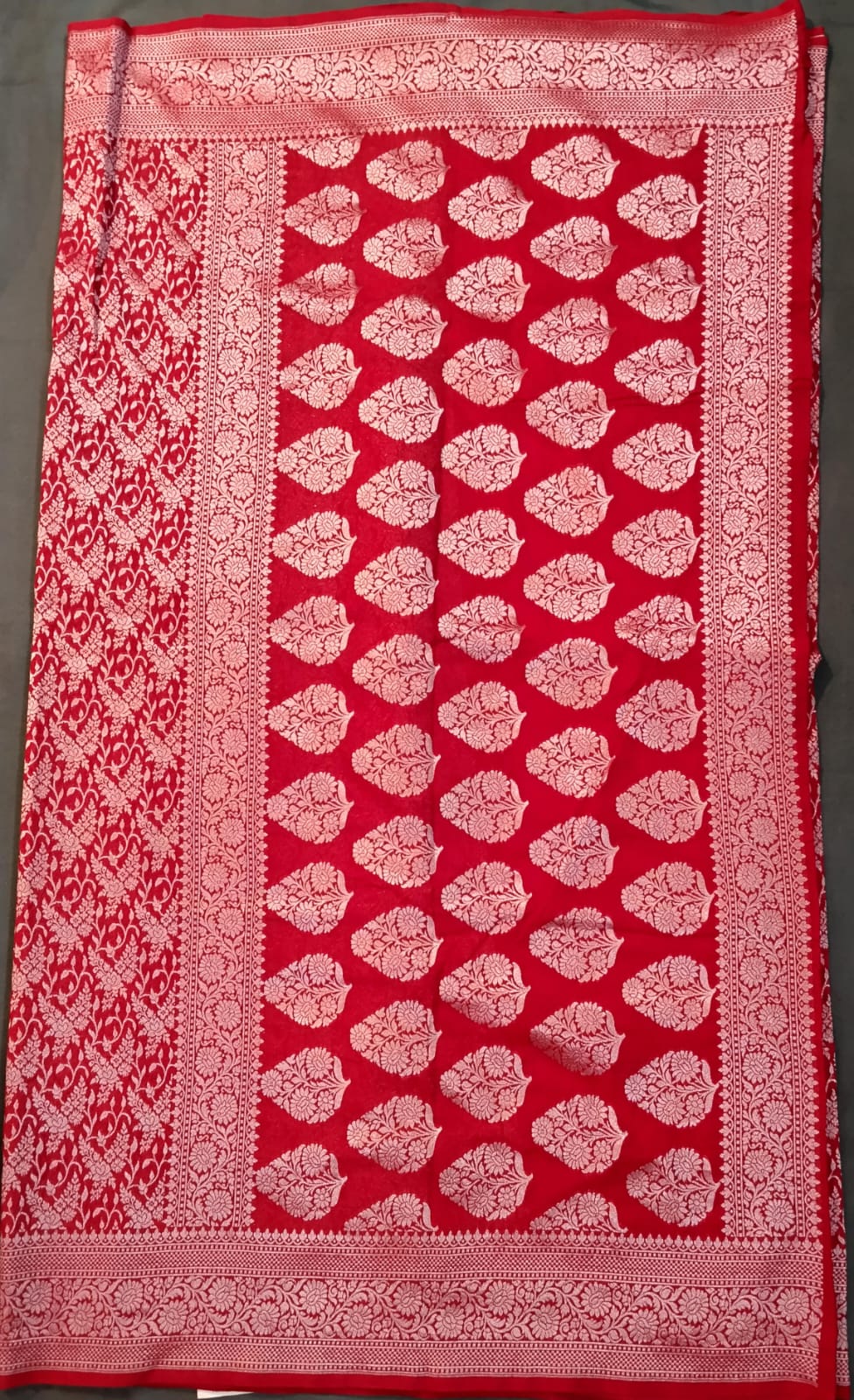 Red Silk Saree with jolly Silver Zari Work
