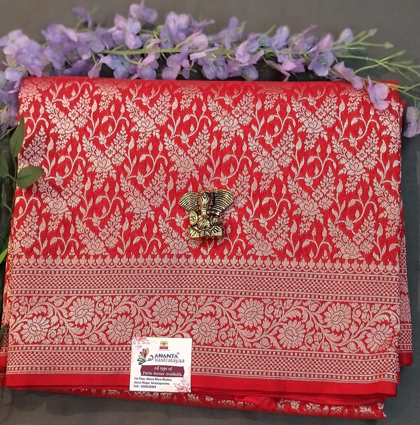 Red Silk Saree with jolly Silver Zari Work