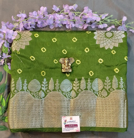 Dim Green Raw Mango Silk Saree with Bandhini Buttas