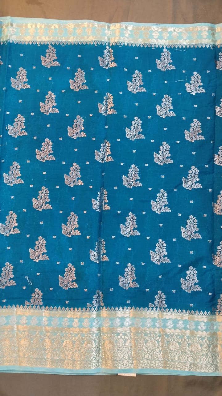 Peacock Blue Raw Mango Silk Saree with Big Buttas