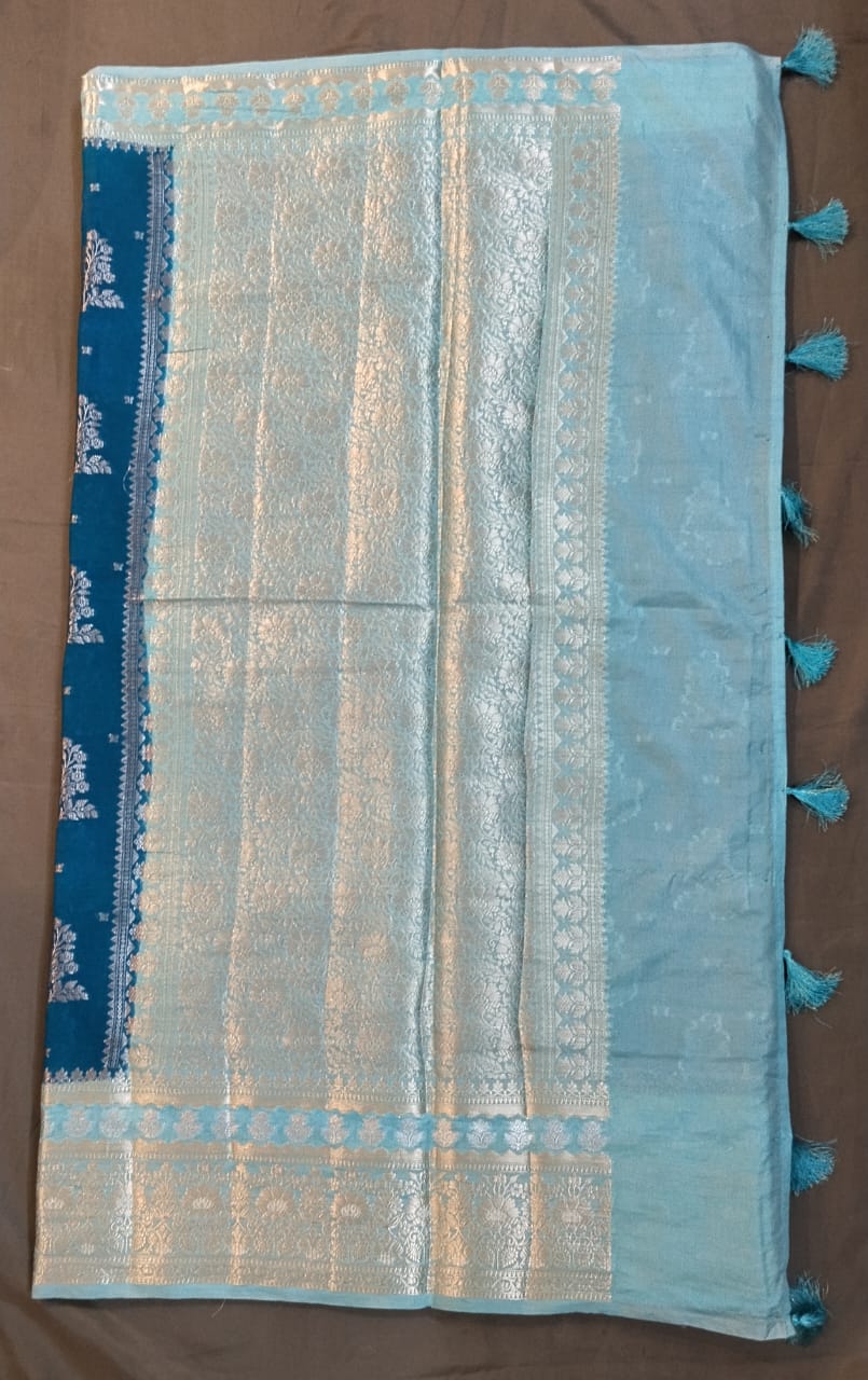 Peacock Blue Raw Mango Silk Saree with Big Buttas