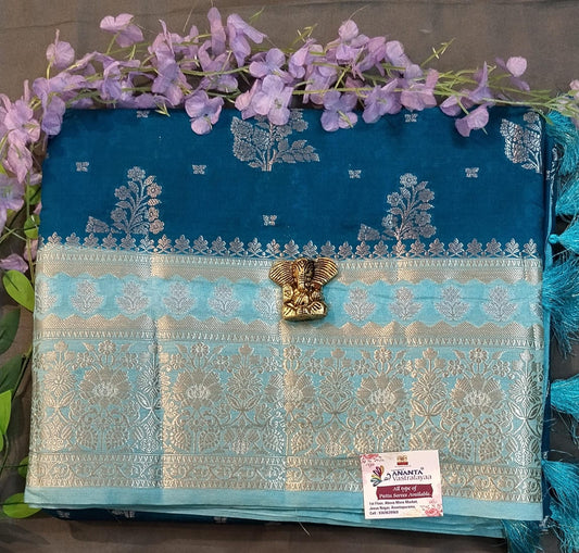 Peacock Blue Raw Mango Silk Saree with Big Buttas