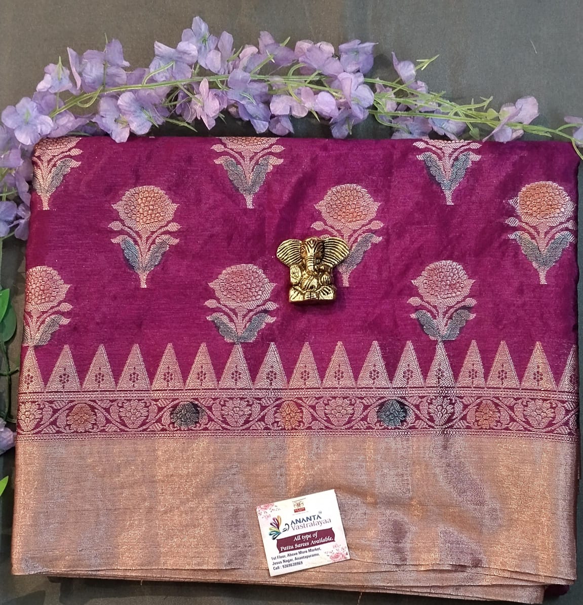 Purple Raw Mango Silk Saree with Sunflower Design