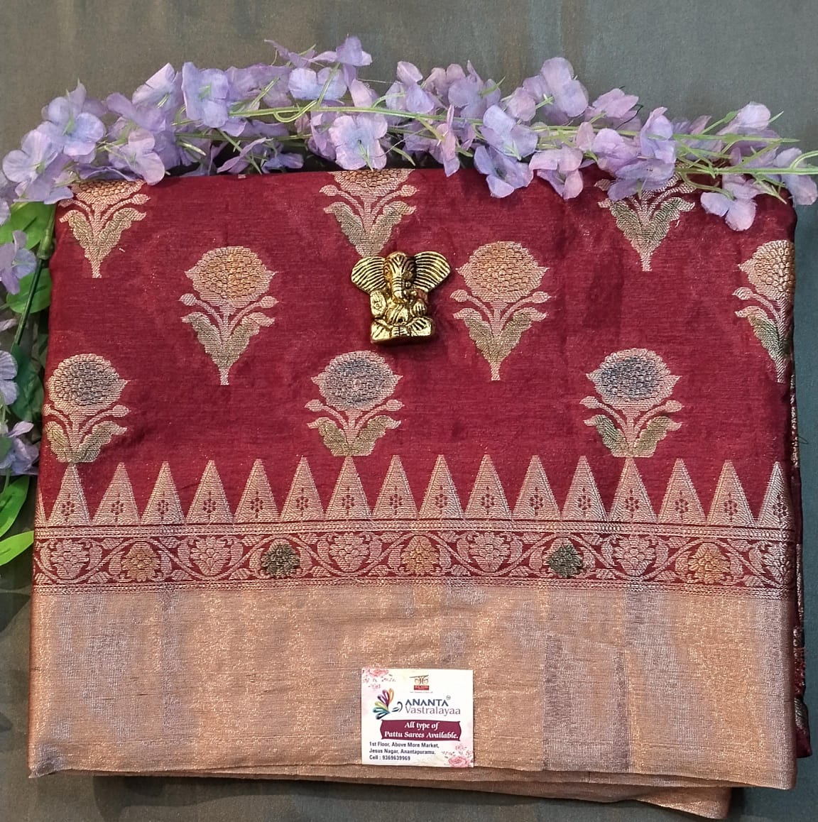 Purple Raw Mango Silk Saree with Sunflower Design