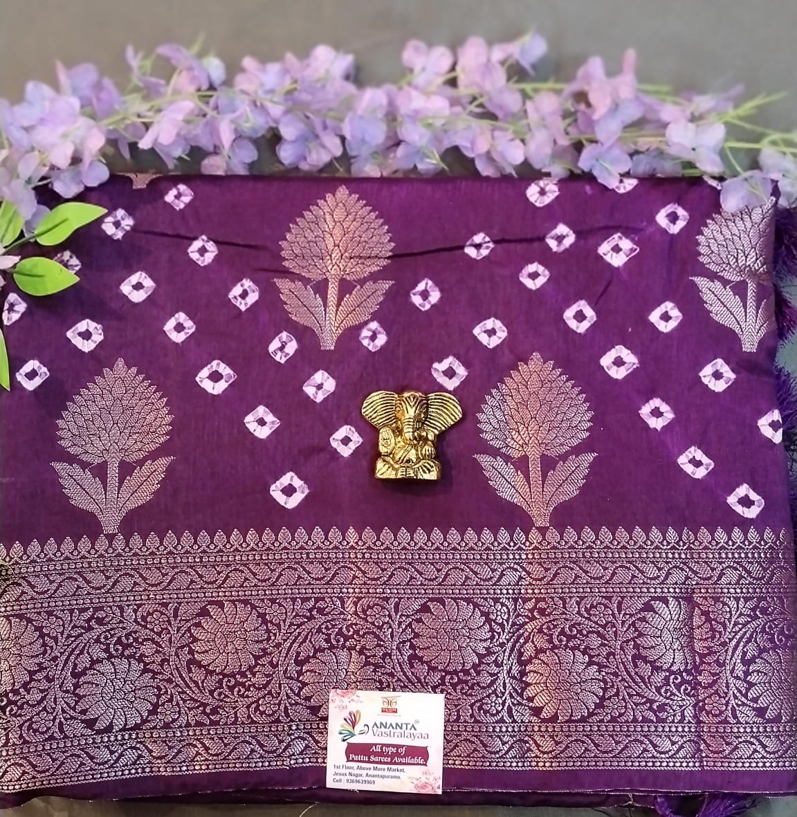 Purple Raw Mango Silk Saree with Bandhini Design