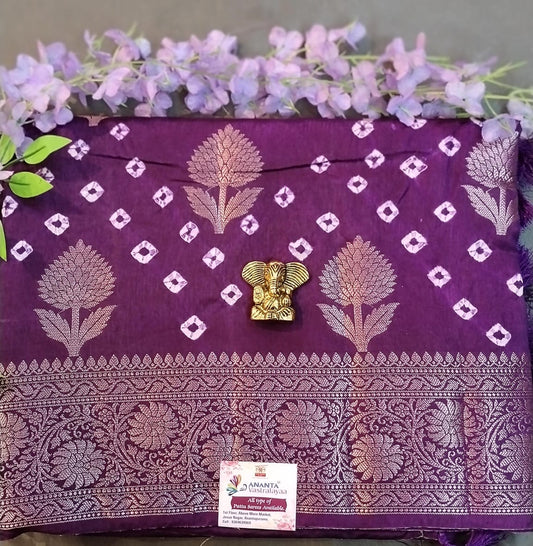 Purple Raw Mango Silk Saree with Bandhini Design