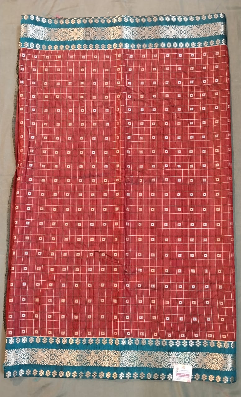 Maroon Raw Mango Silk Saree with Check Design