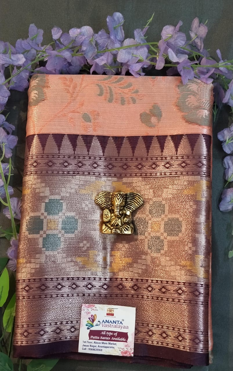 Peach Kanchi Silk Saree with Patola Border