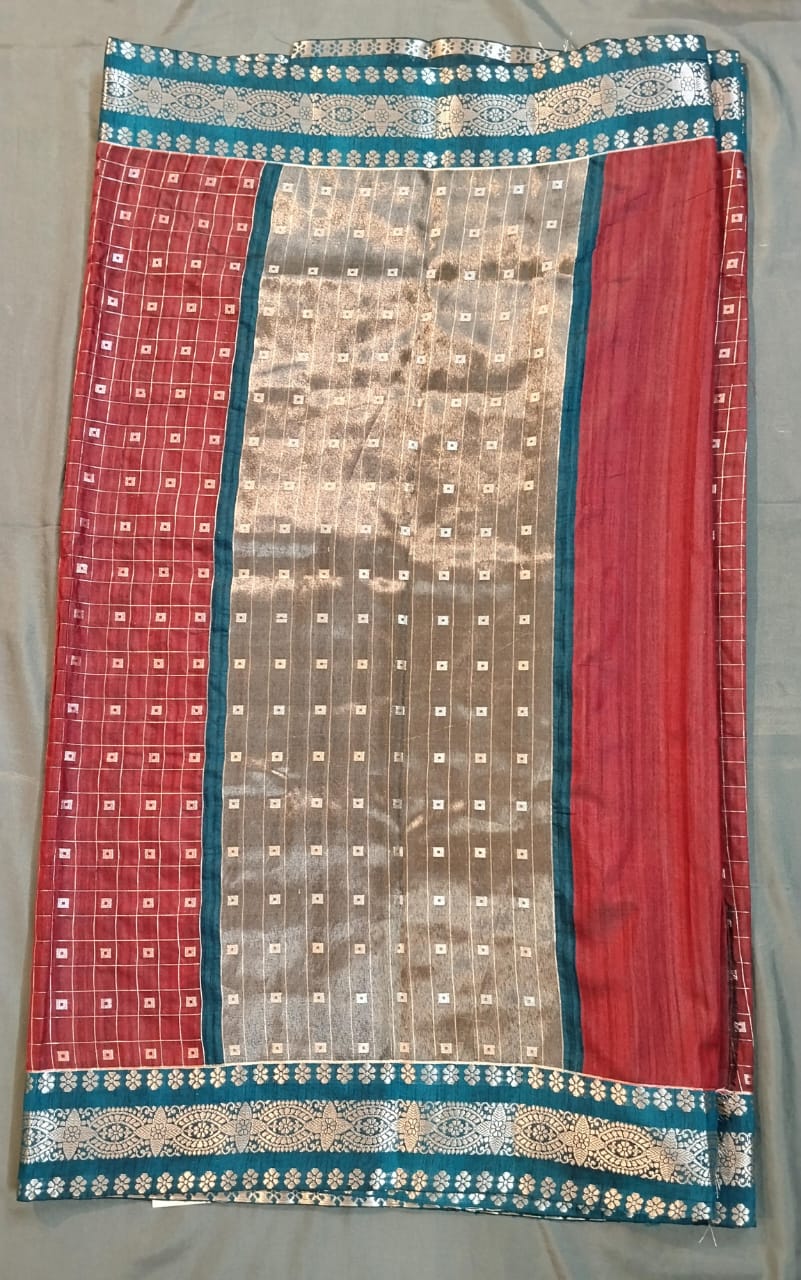 Maroon Raw Mango Silk Saree with Check Design