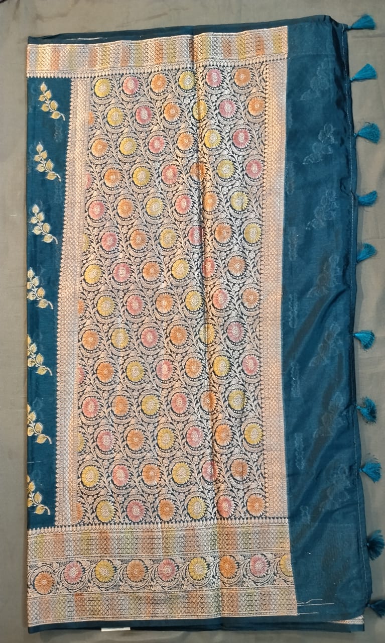 Blue Raw Mango Silk Saree with Hand Paint Design