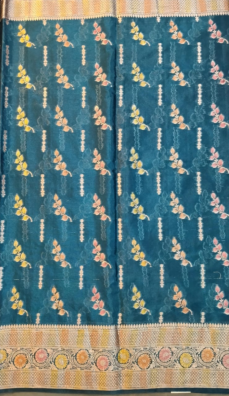 Blue Raw Mango Silk Saree with Hand Paint Design