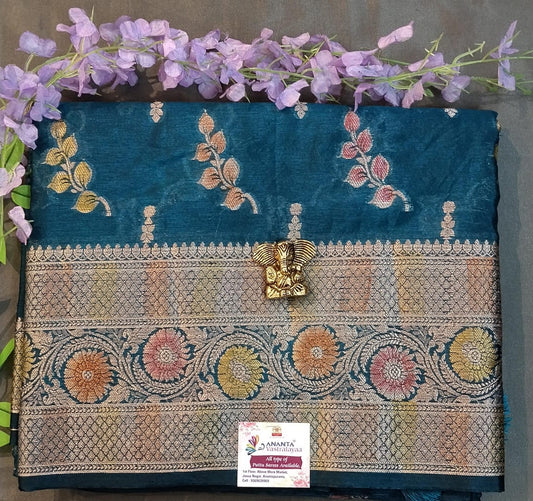 Blue Raw Mango Silk Saree with Hand Paint Design