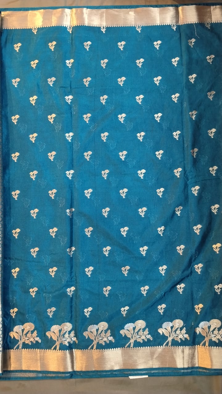 Blue Chanderi Silk Saree with Zari Buttas