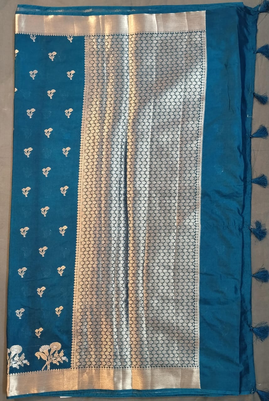 Blue Chanderi Silk Saree with Zari Buttas