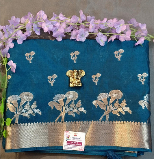Blue Chanderi Silk Saree with Zari Buttas