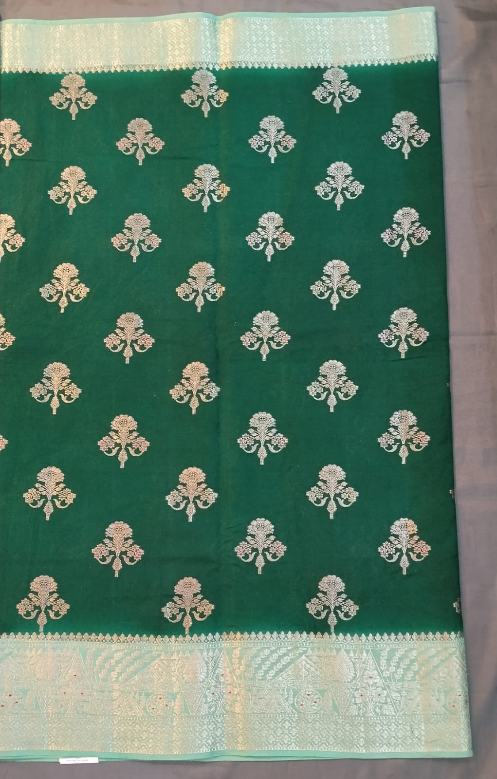 Dark Green Chanderi Silk Saree with Big Buttas