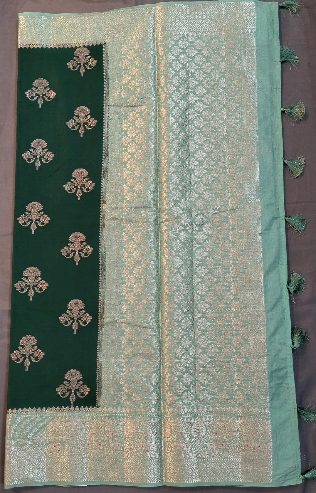 Dark Green Chanderi Silk Saree with Big Buttas