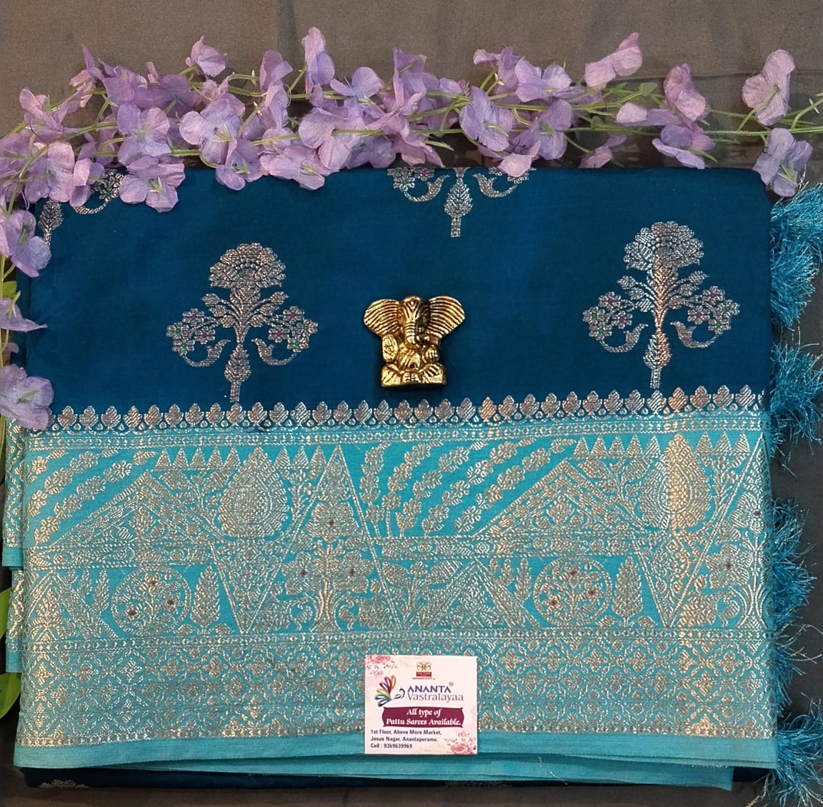 Dark Green Chanderi Silk Saree with Big Buttas