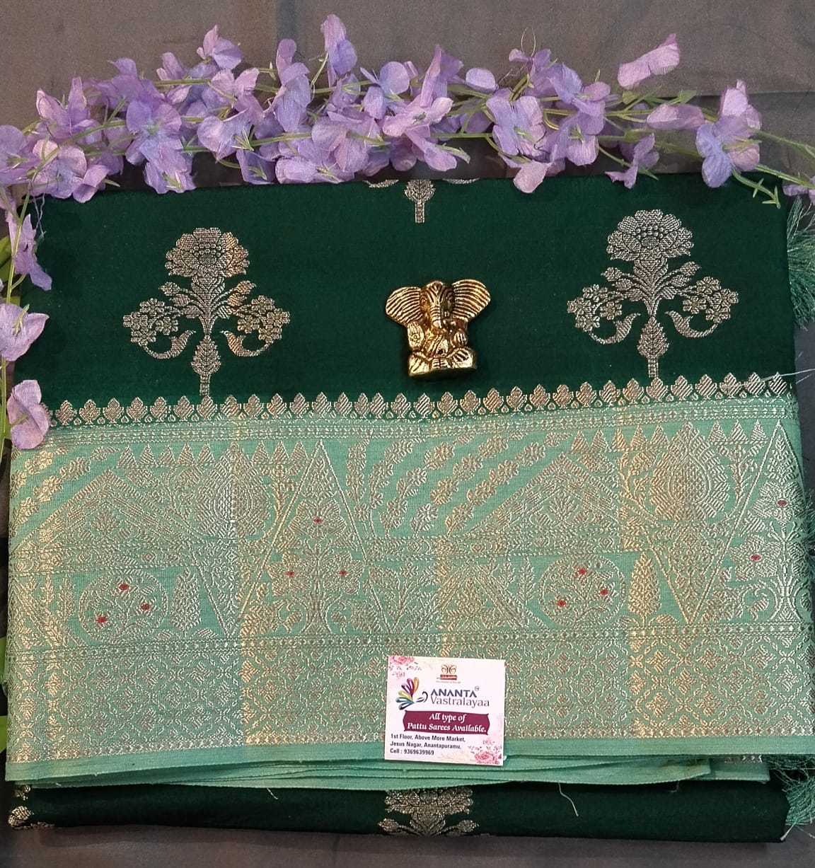 Dark Green Chanderi Silk Saree with Big Buttas