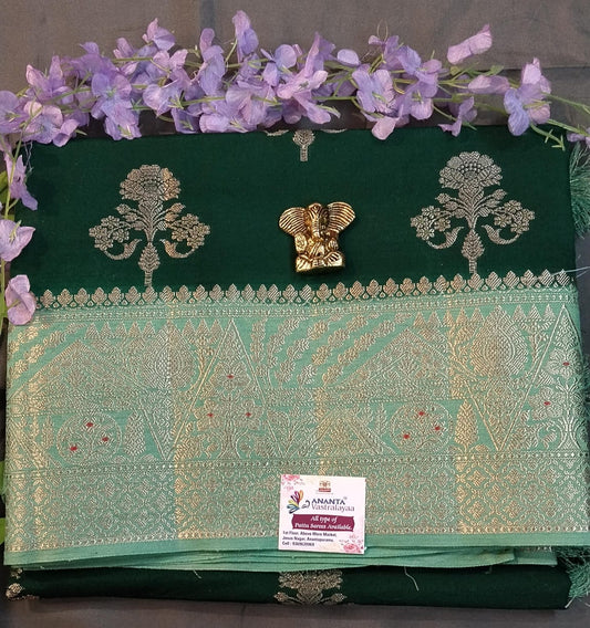 Dark Green Chanderi Silk Saree with Big Buttas