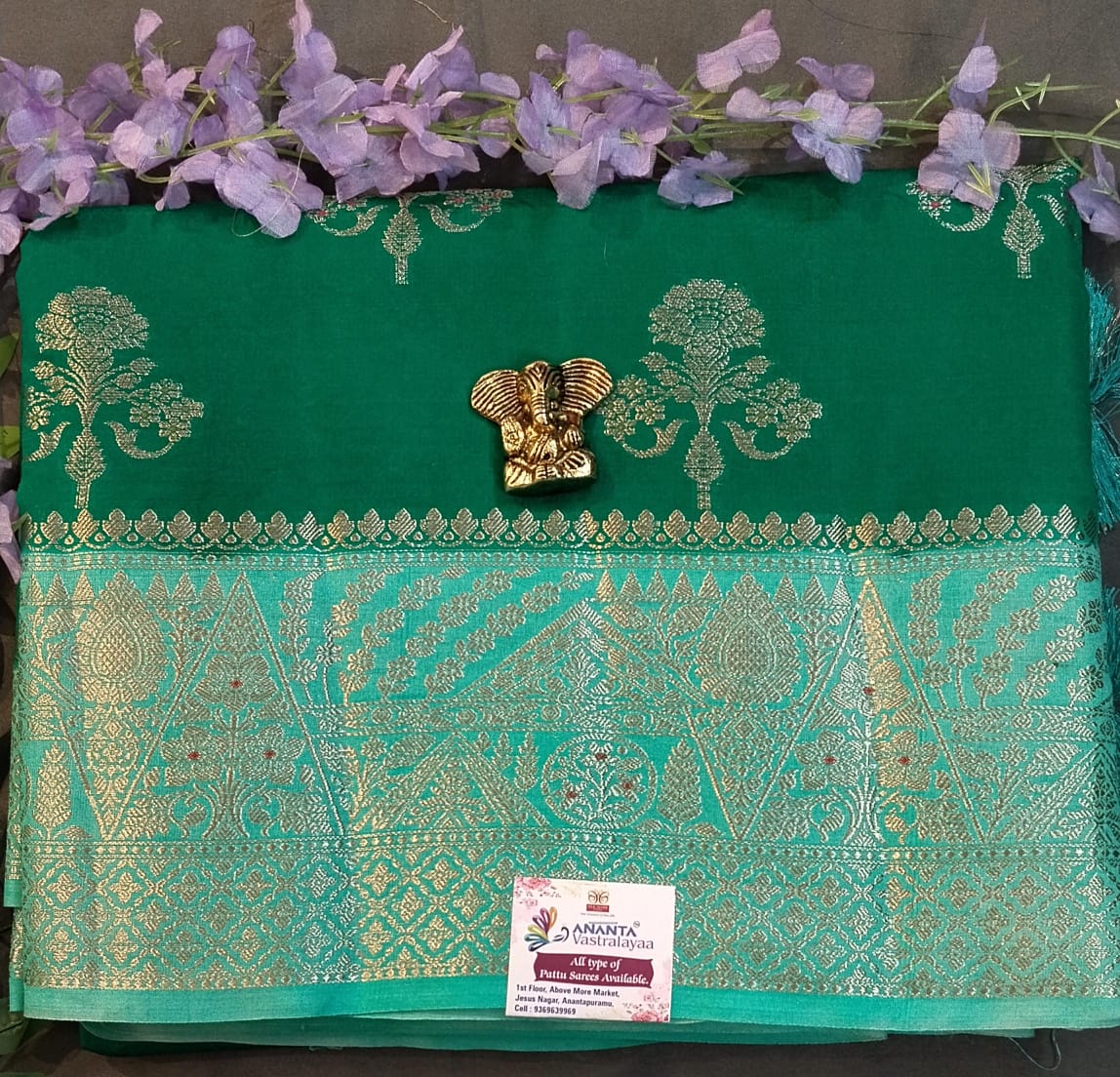 Dark Green Chanderi Silk Saree with Big Buttas