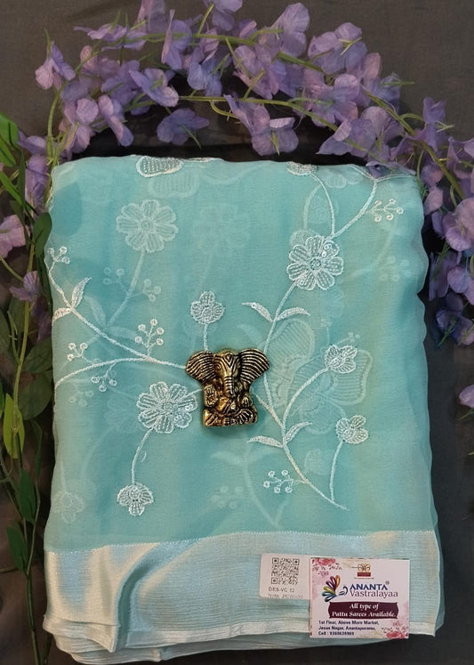 Sky Blue Pure Chiffon Saree with Pichwai Work