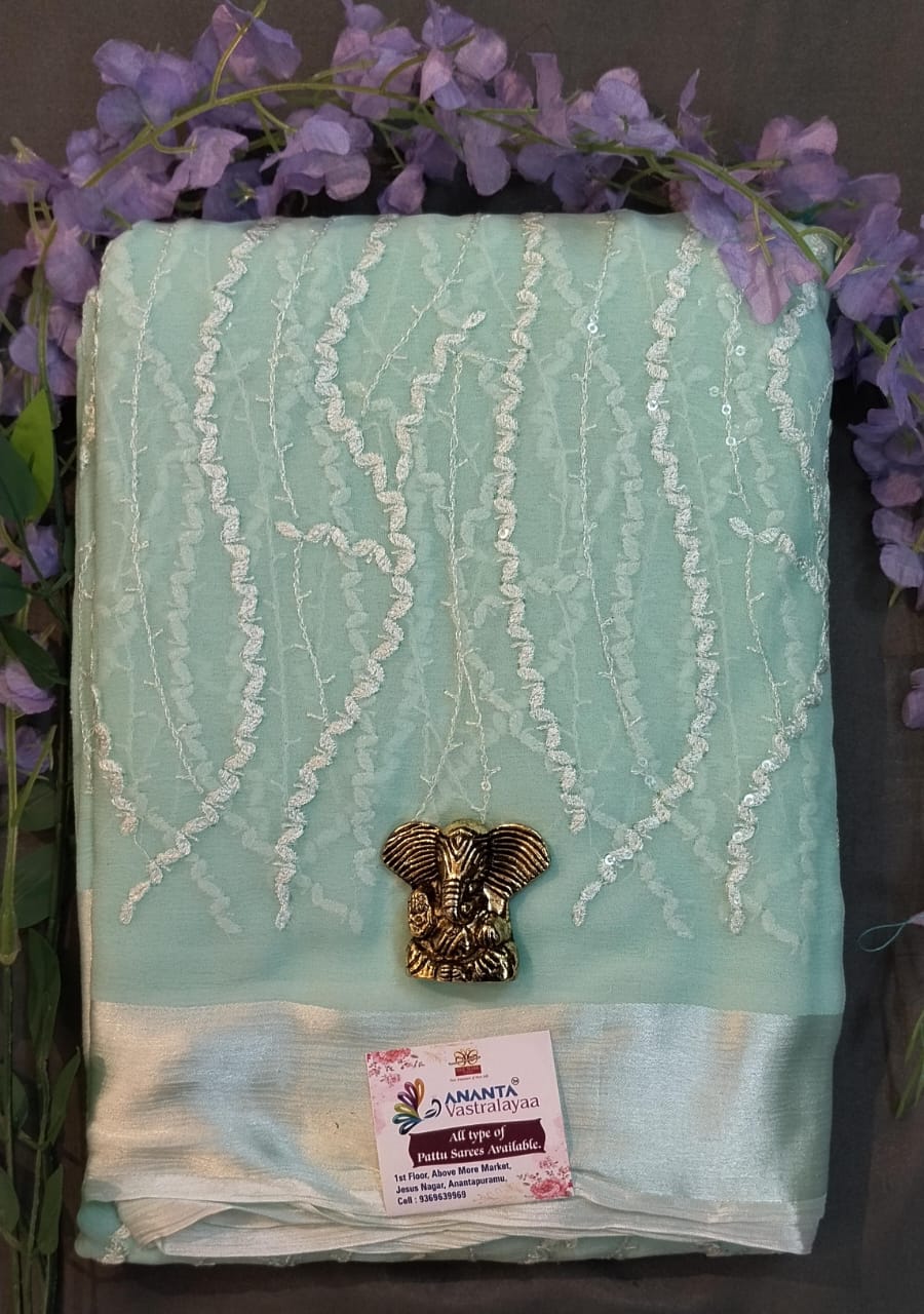 Sky Blue Pure Chiffon Saree with Pichwai Work