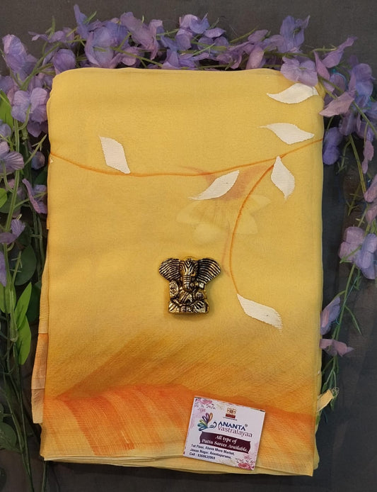 Yellow Pure Chiffon Saree with Hand Paint Work