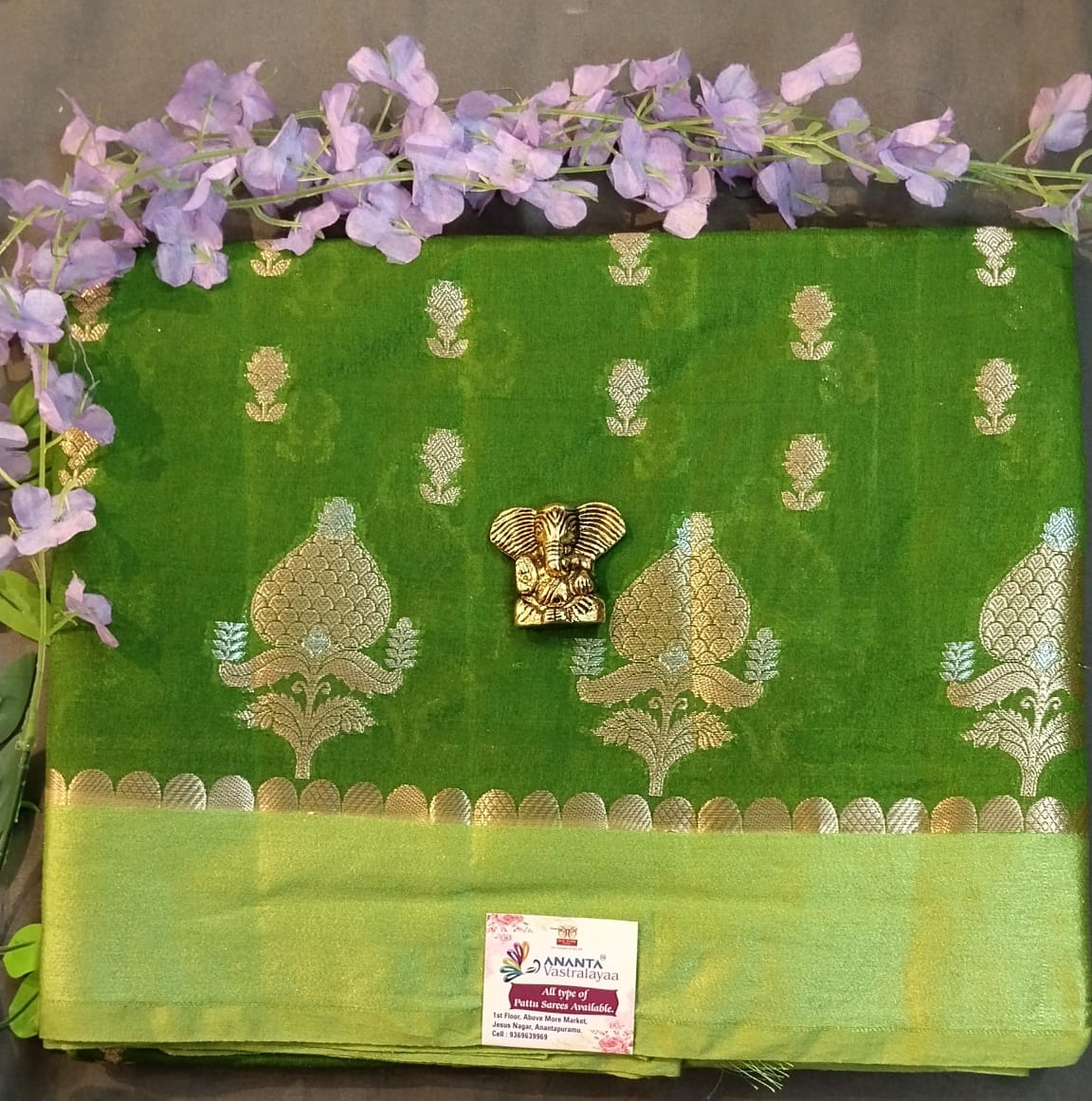 Green Raw Mango Silk Saree with Contrast Blouse