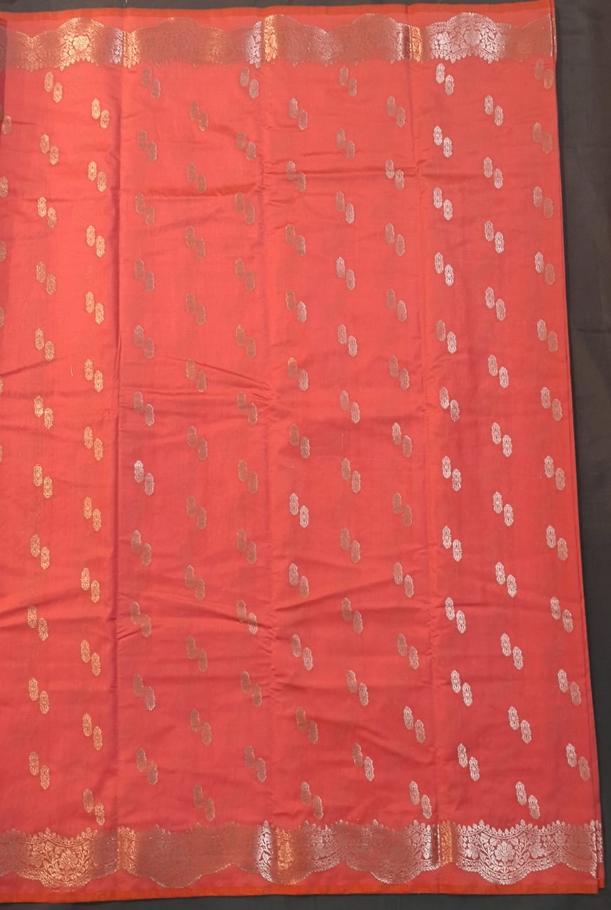 Light Orange Mushroo Silk Saree with Zari Buttas