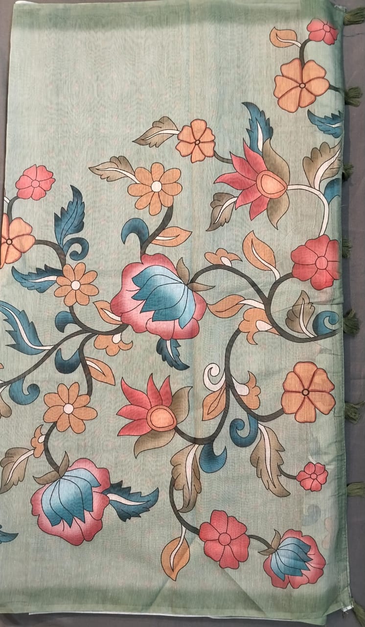 Pista Green Linen Saree with Pichwai Paint