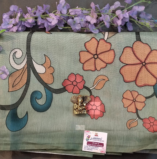 Pista Green Linen Saree with Pichwai Paint