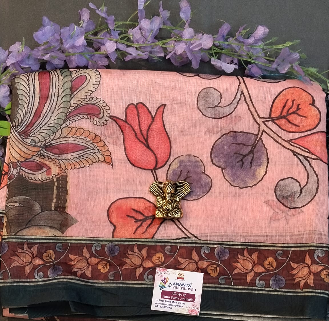 Peach Cotton Saree with Lotus Paint Design