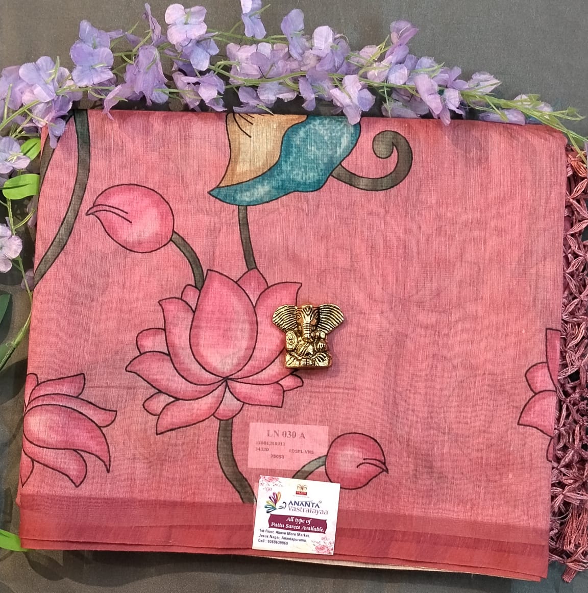 Peach Cotton Saree with Lotus Paint Design