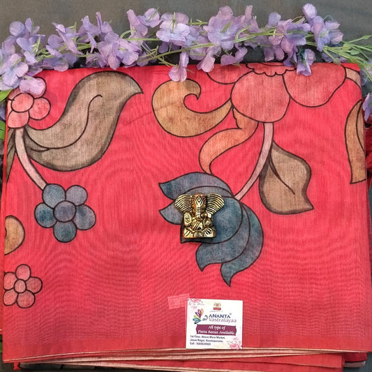 Peach Cotton Saree with Lotus Paint Design
