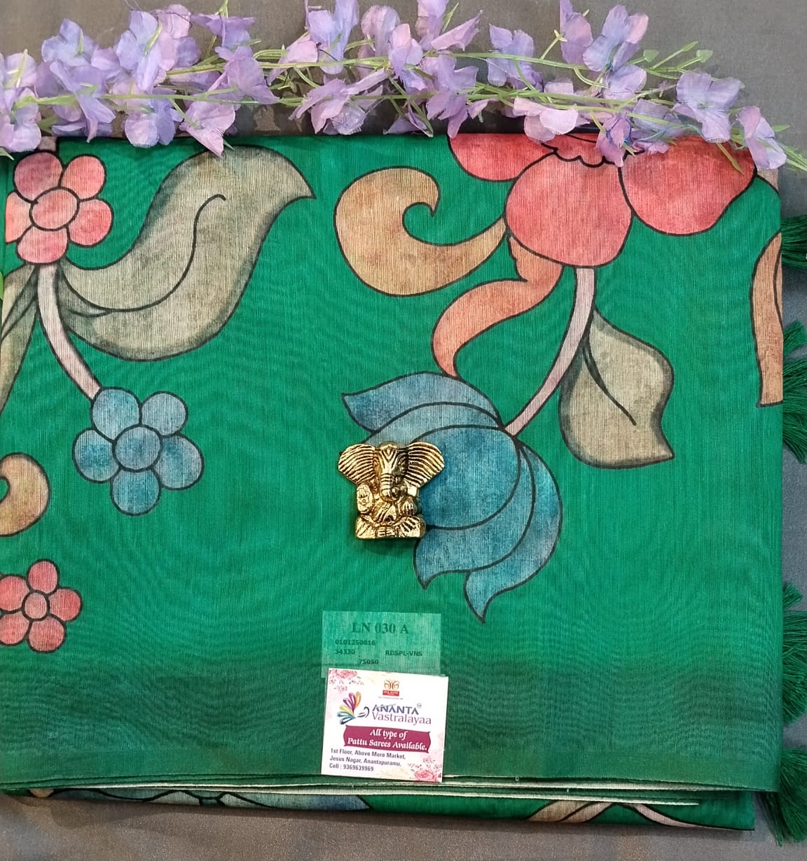 Peach Cotton Saree with Lotus Paint Design