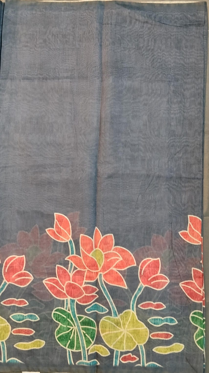 Ash Cotton Saree with Lotus Paint Design