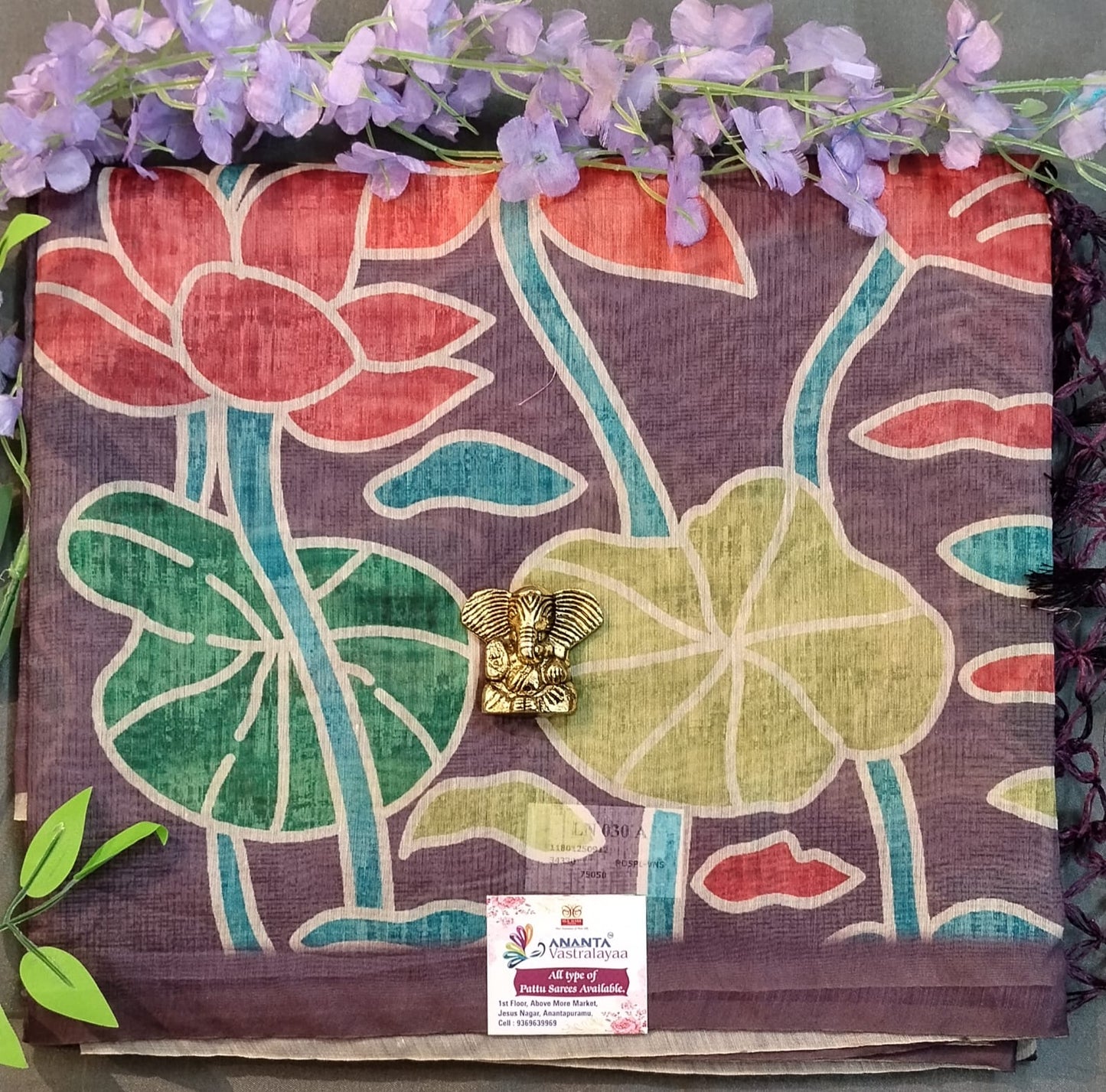 Ash Cotton Saree with Lotus Paint Design