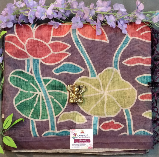 Ash Cotton Saree with Lotus Paint Design