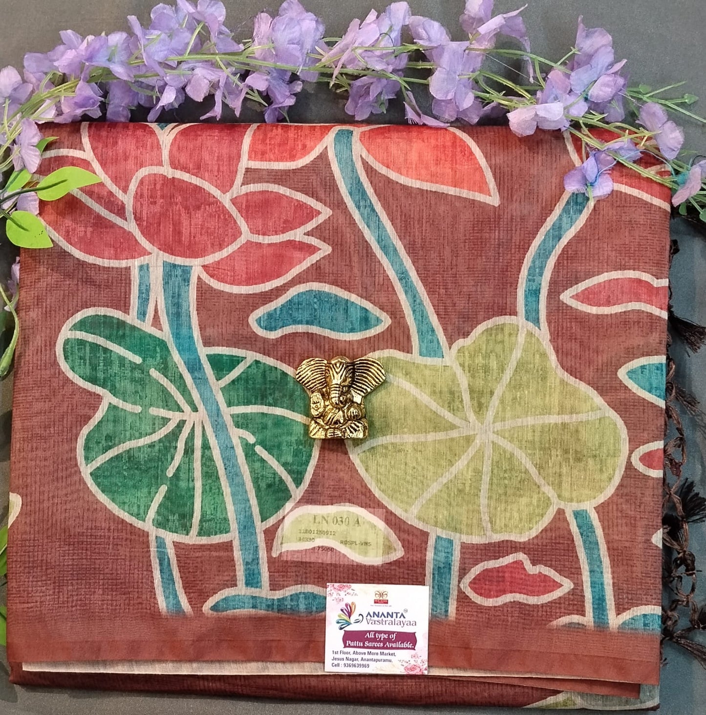 Ash Cotton Saree with Lotus Paint Design