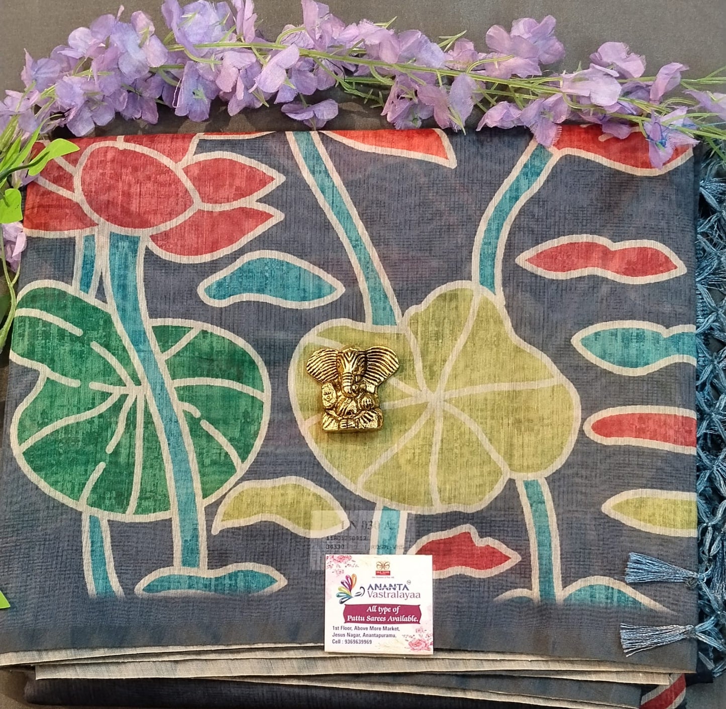 Ash Cotton Saree with Lotus Paint Design