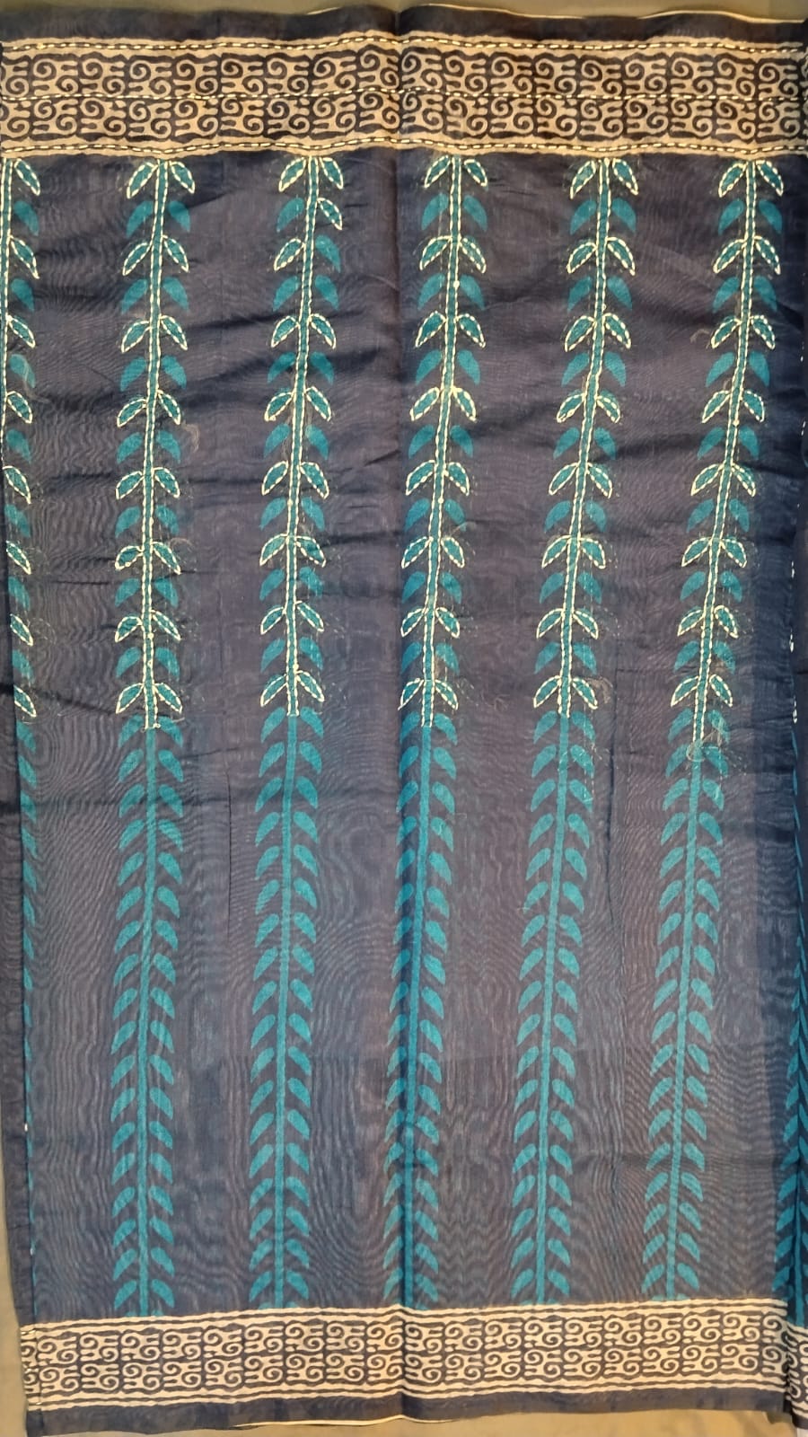 Dark Blue Cotton Saree with Kantha Work