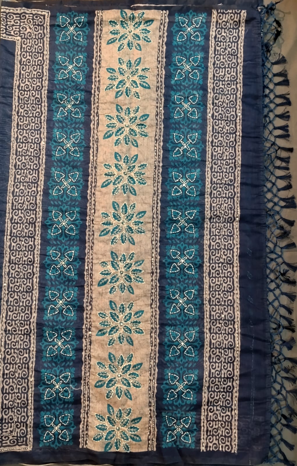 Dark Blue Cotton Saree with Kantha Work